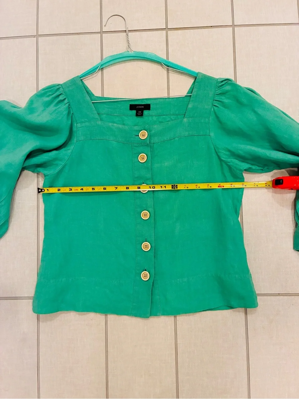 J. Crew Kelly Green Button-Front Puff Sleeve Linen Top XS